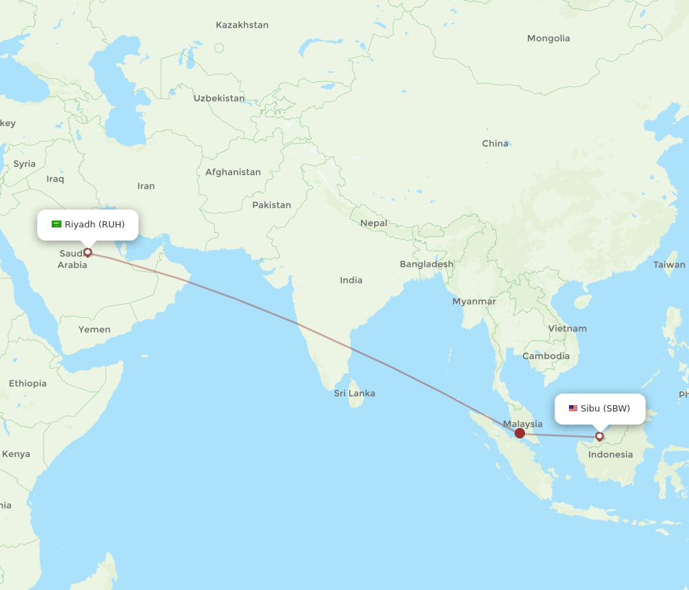 Riyadh - Sibu route map and flight paths
