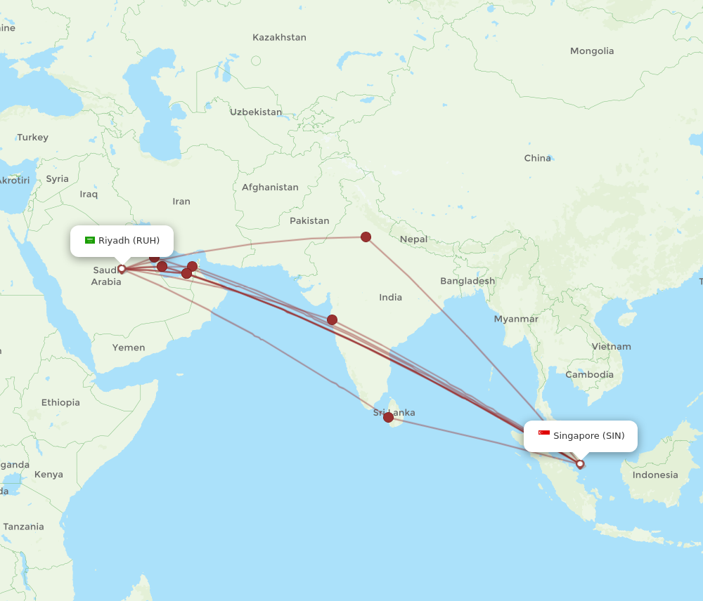 RUH to SIN flights and routes map
