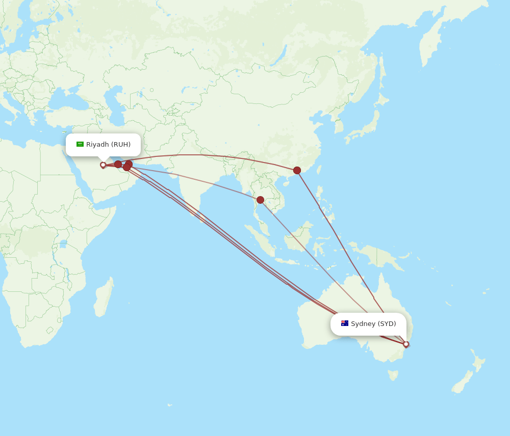 RUH to SYD flights and routes map