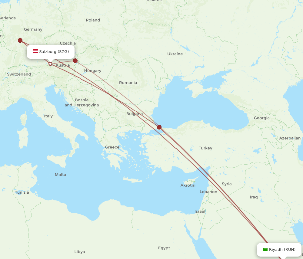 RUH to SZG flights and routes map