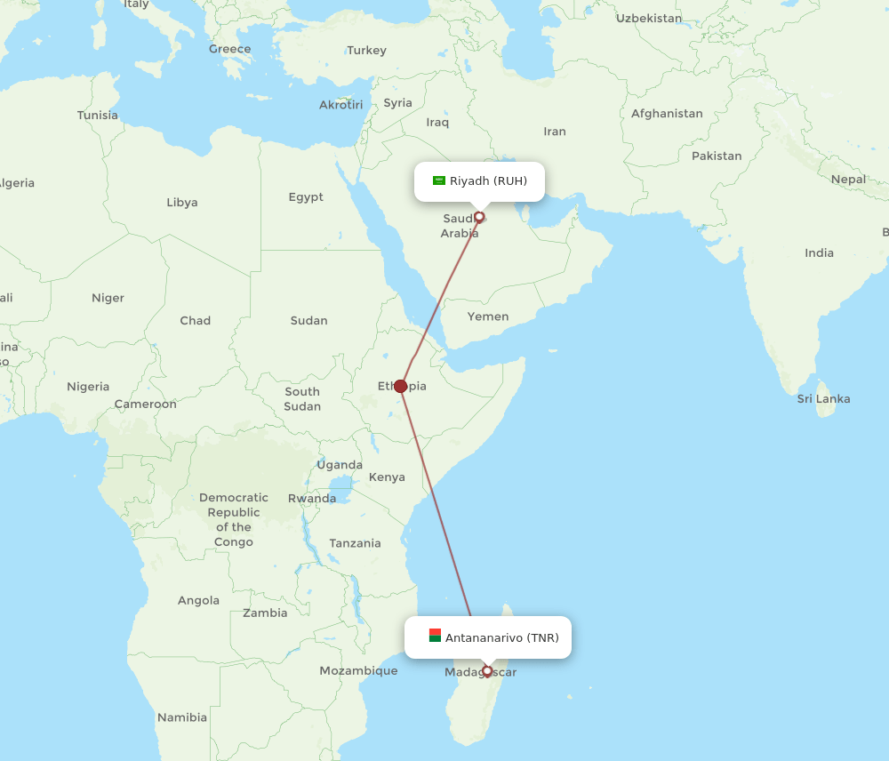 RUH to TNR flights and routes map