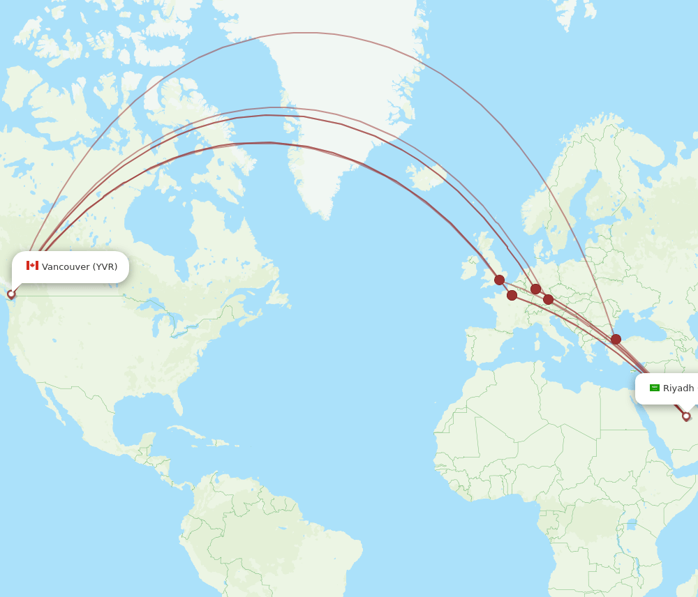 Vancouver - Riyadh route map and flight paths