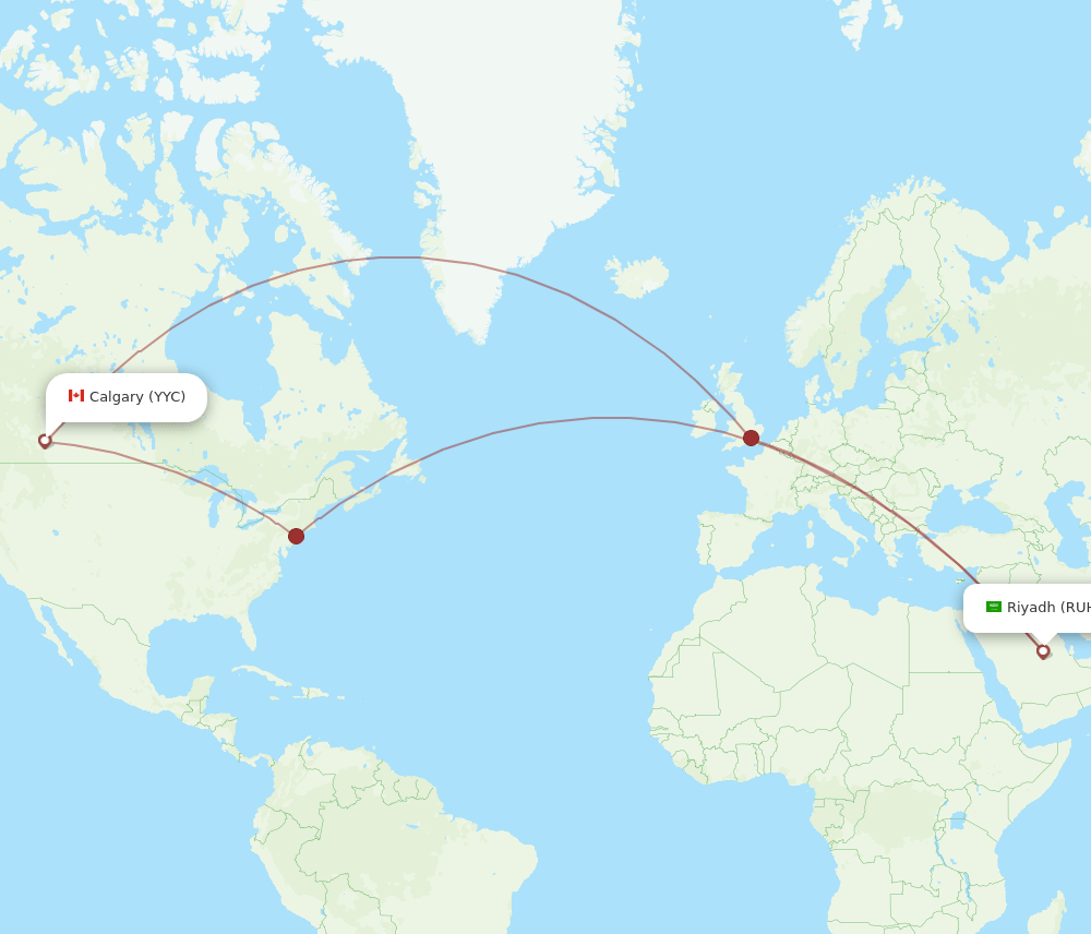 Calgary - Riyadh route map and flight paths