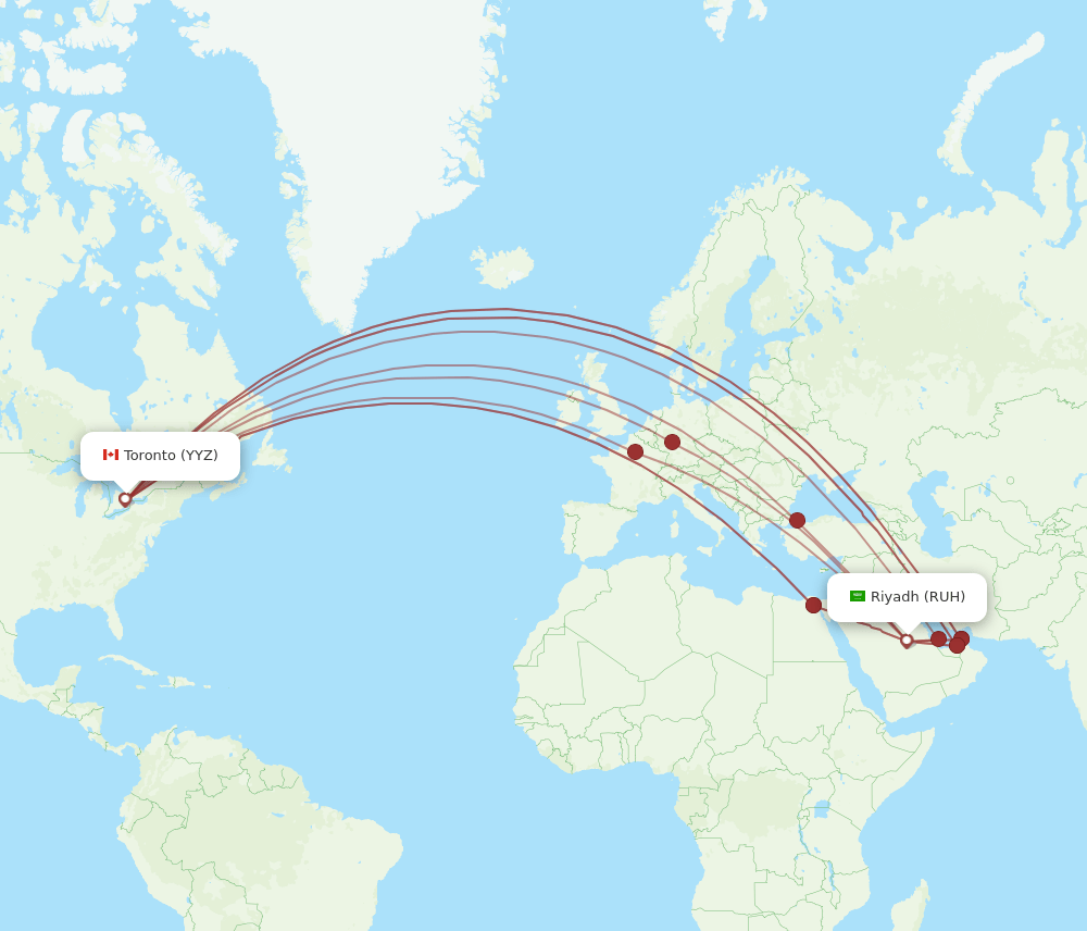 Toronto - Riyadh route map and flight paths