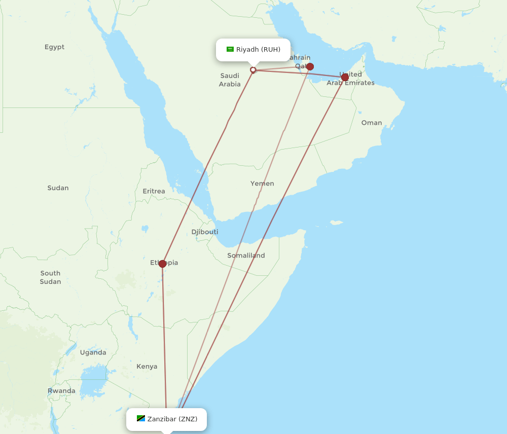Zanzibar - Riyadh route map and flight paths