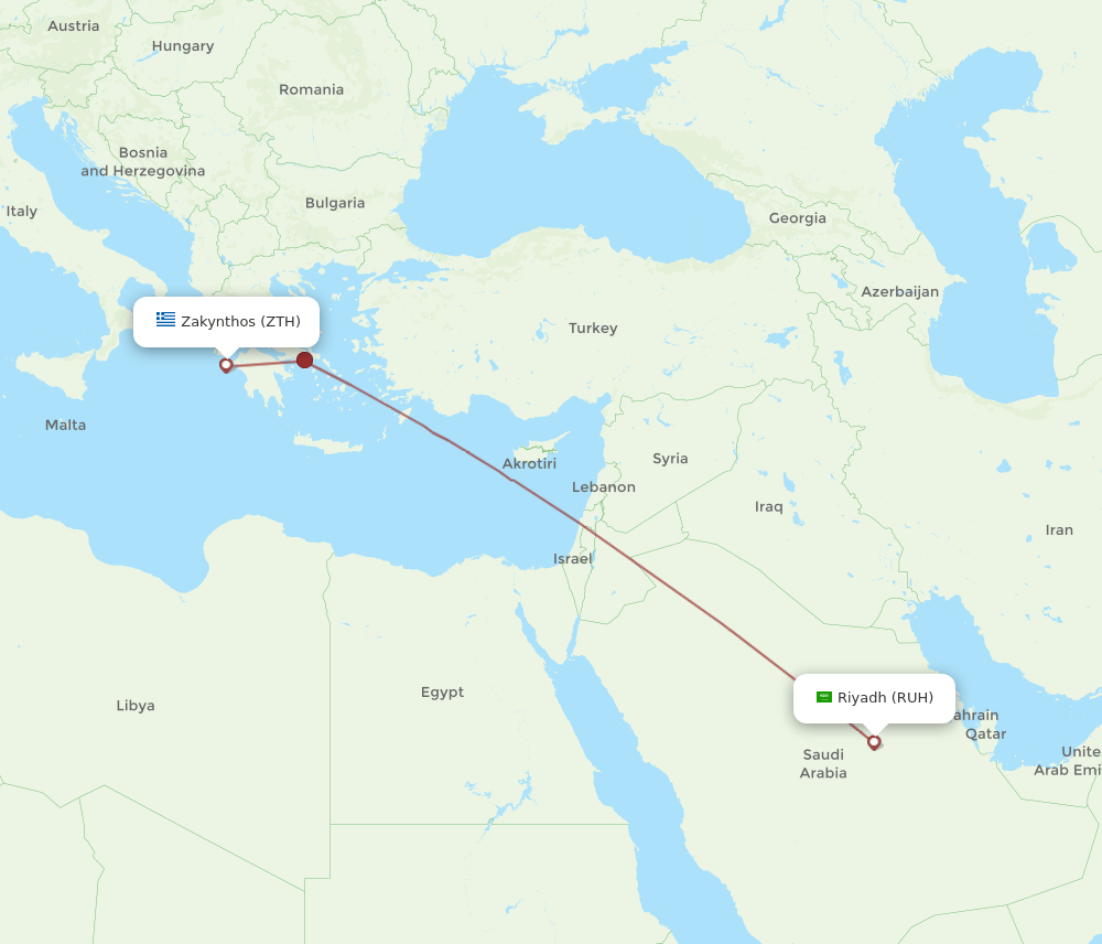 RUH to ZTH flights and routes map