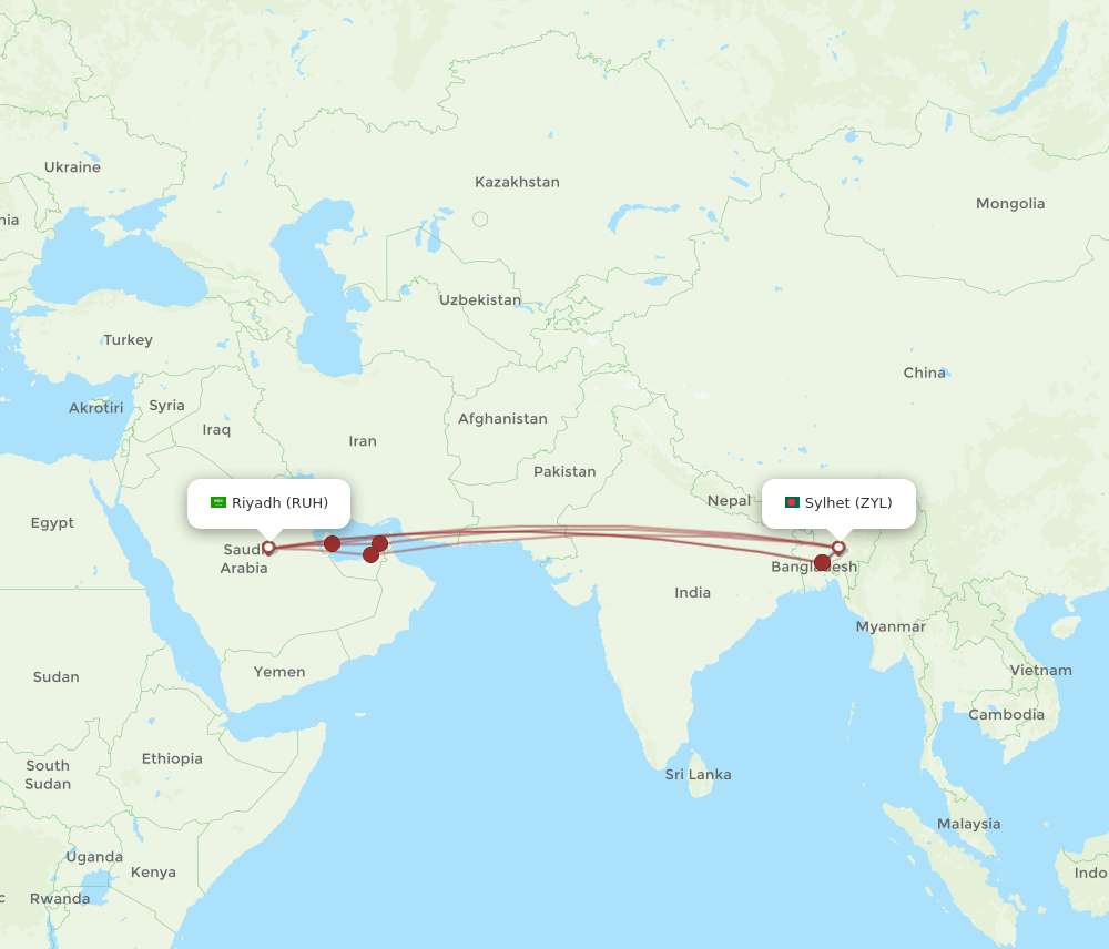 Sylhet - Riyadh route map and flight paths