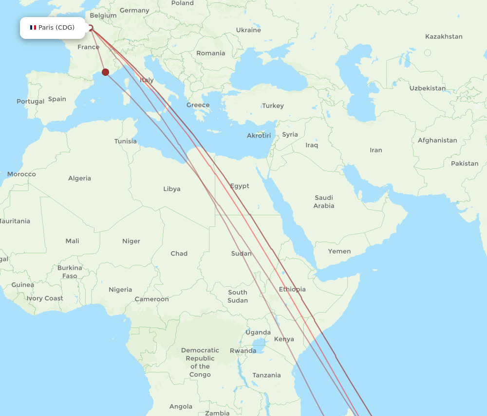 RUN-CDG flight routes