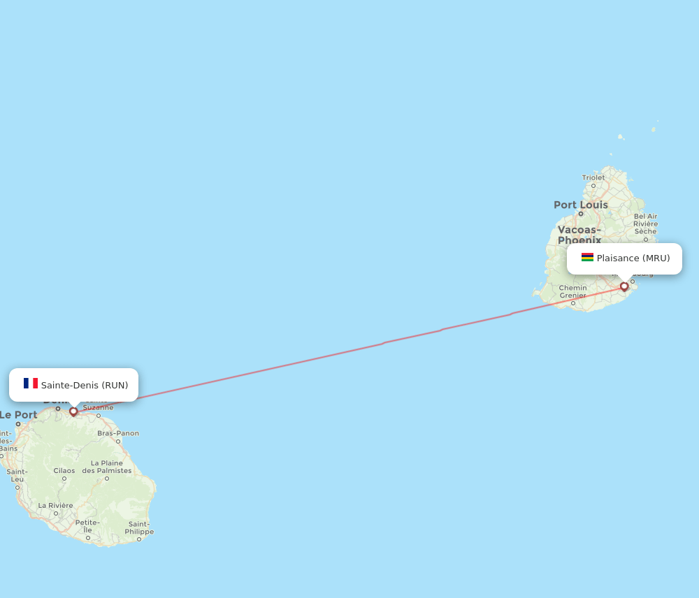 Saint Denis de la Reunion - Mauritius route map and flight paths