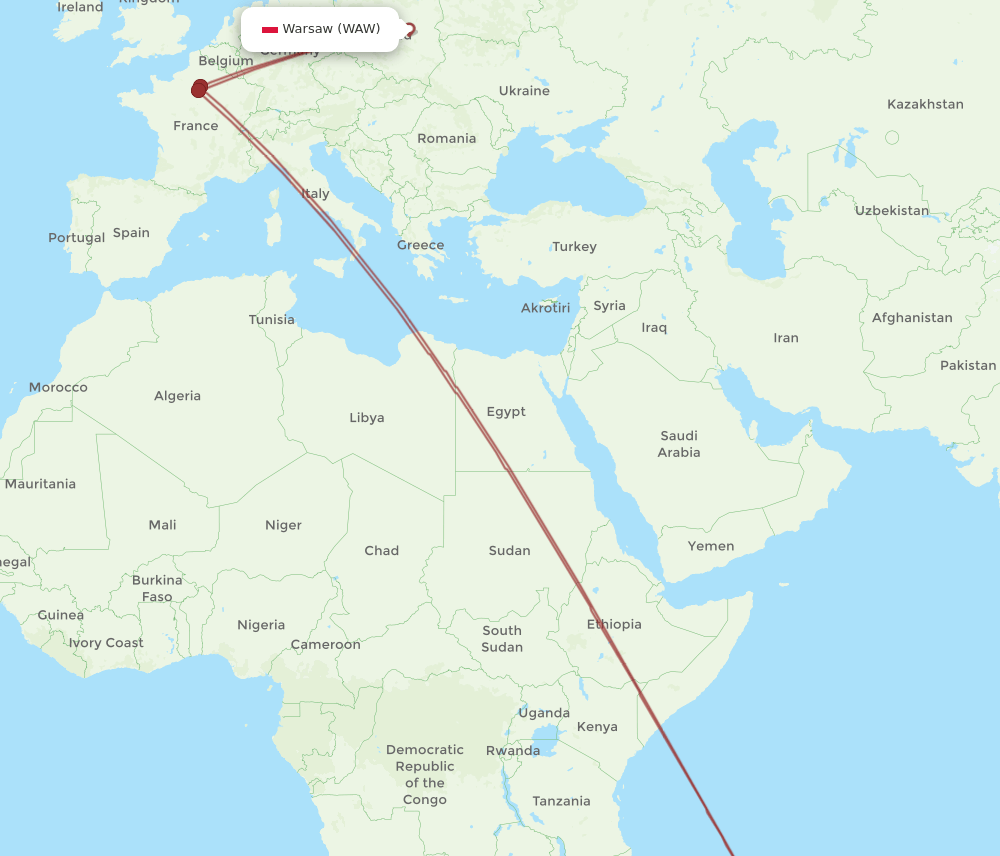 RUN to WAW flights and routes map