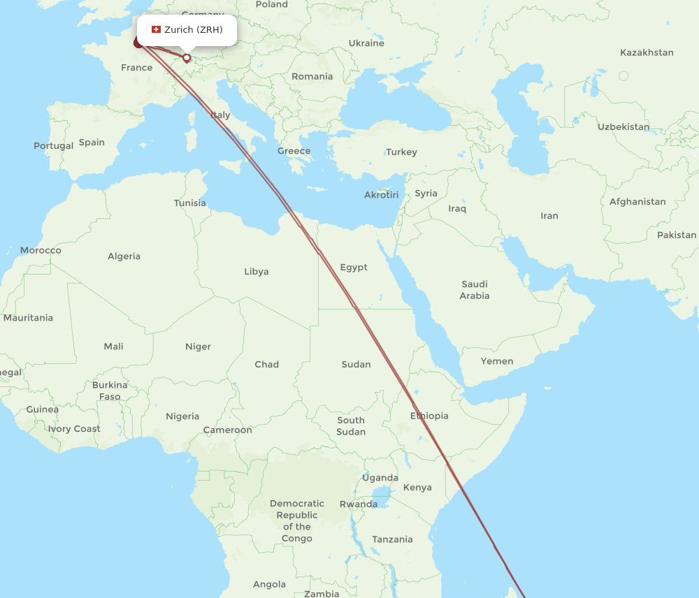 Zurich - Saint Denis de la Reunion route map and flight paths