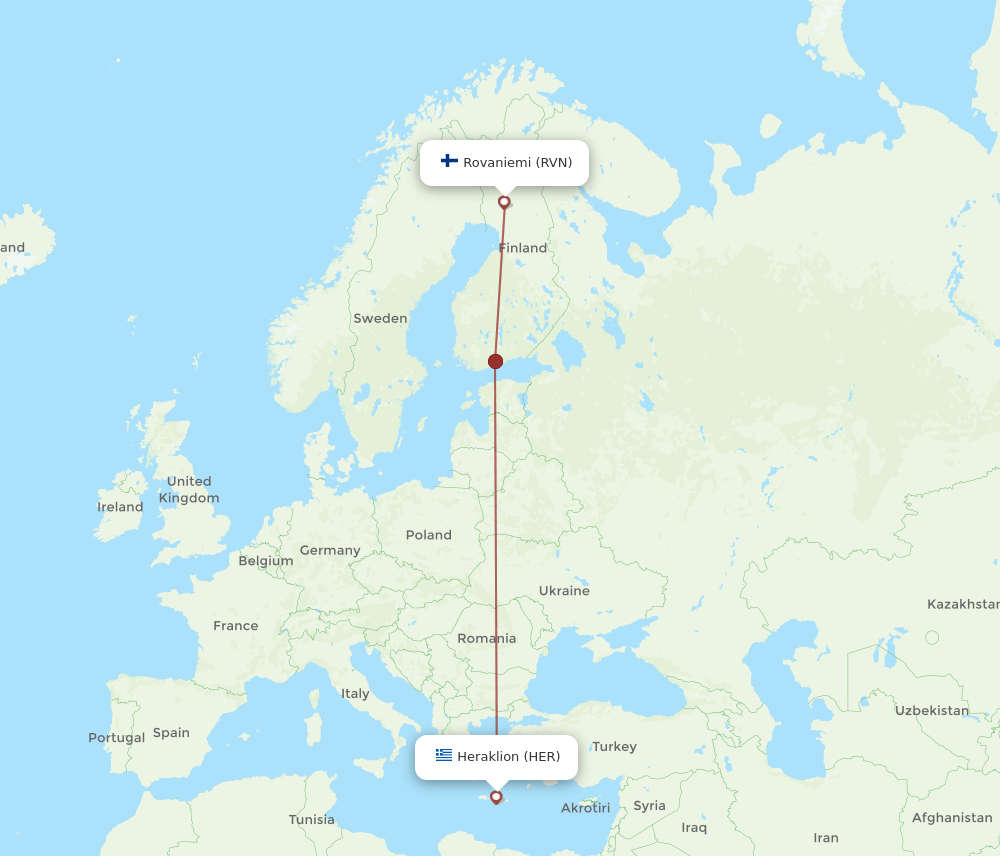 Heraklion - Rovaniemi route map and flight paths