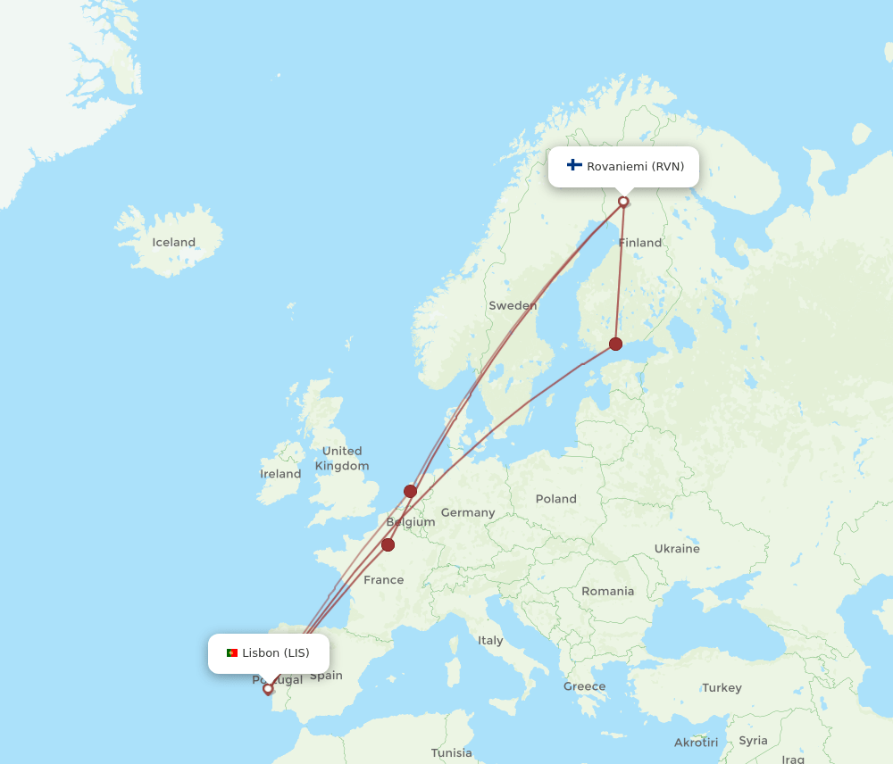 RVN to LIS flights and routes map