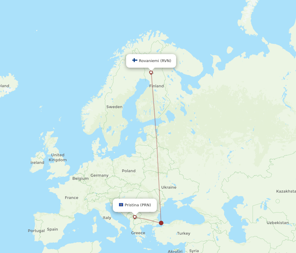 Pristina - Rovaniemi route map and flight paths