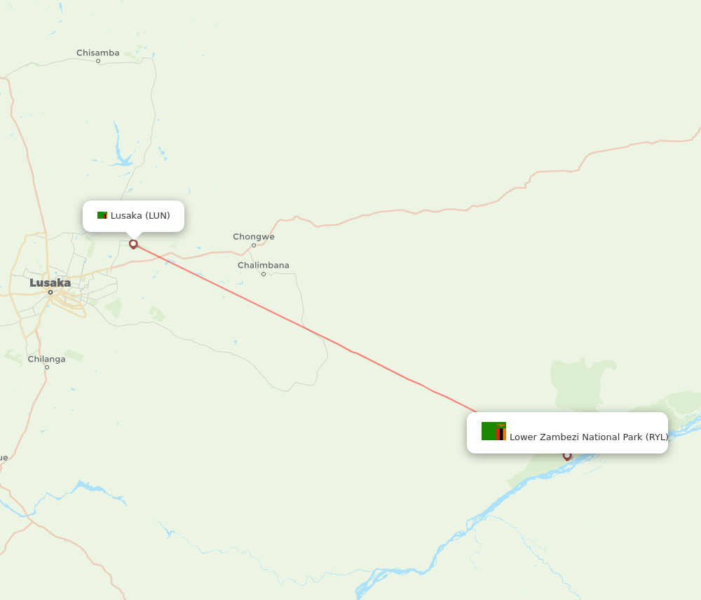 Lower Zambezi National Park - Lusaka route map and flight paths