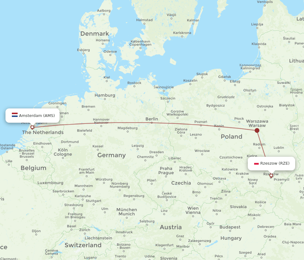 RZE to AMS flights and routes map