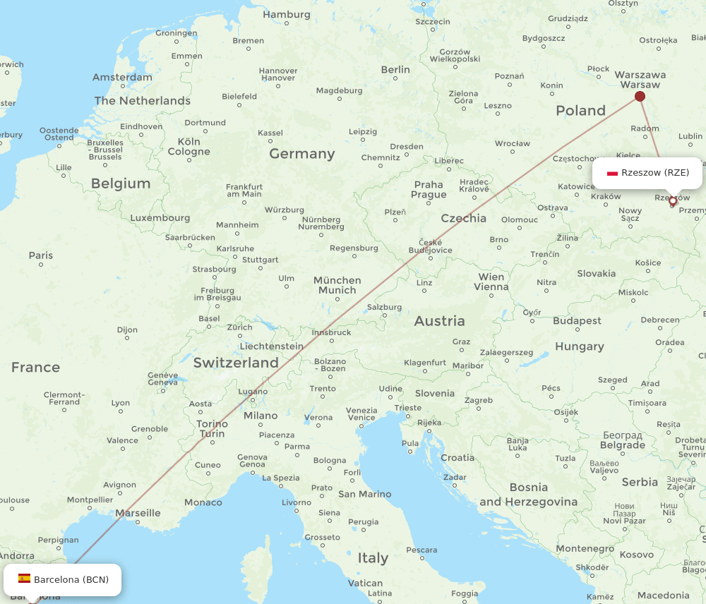Barcelona - Rzeszow route map and flight paths