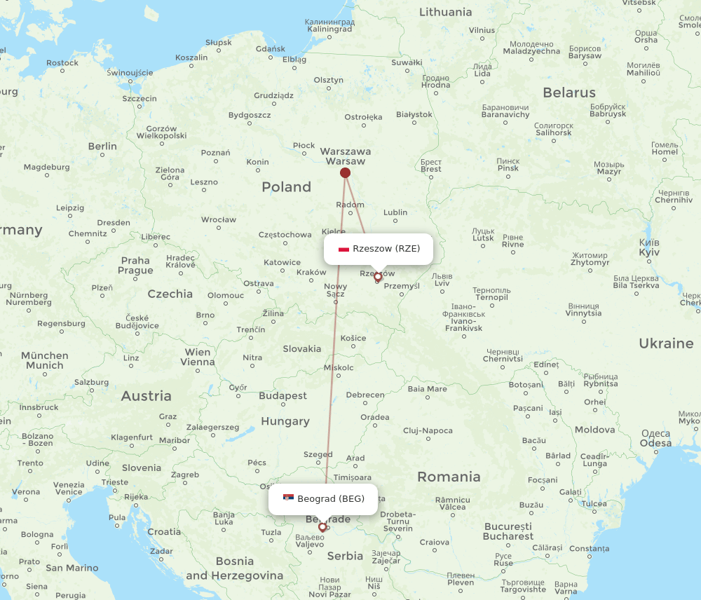 RZE-BEG flight routes