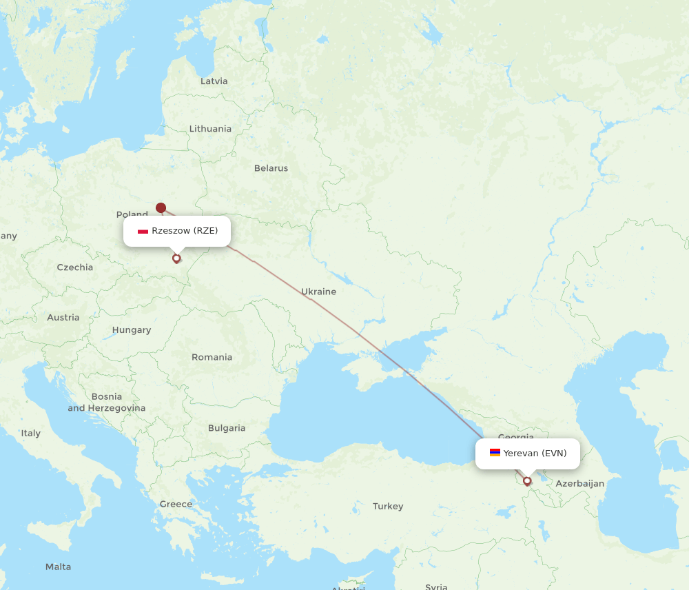 RZE to EVN flights and routes map