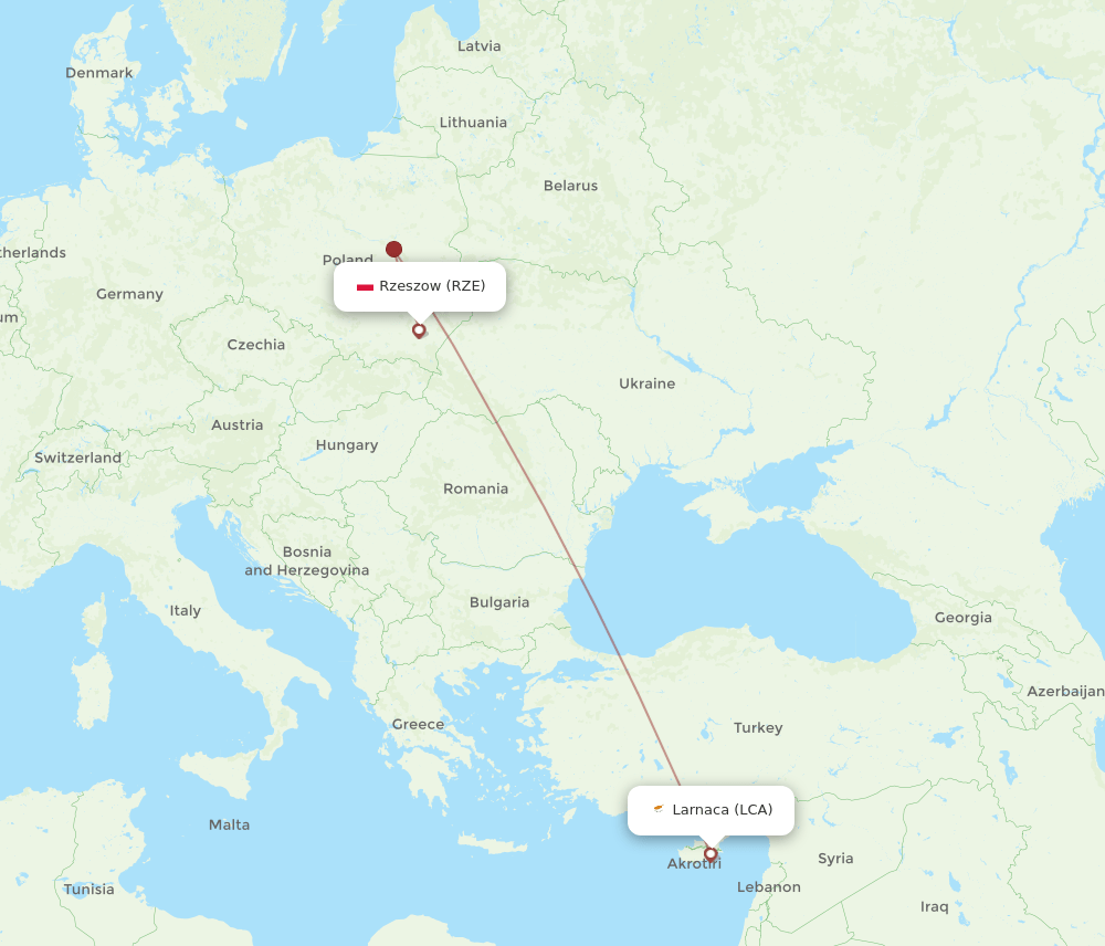 Larnaca - Rzeszow route map and flight paths