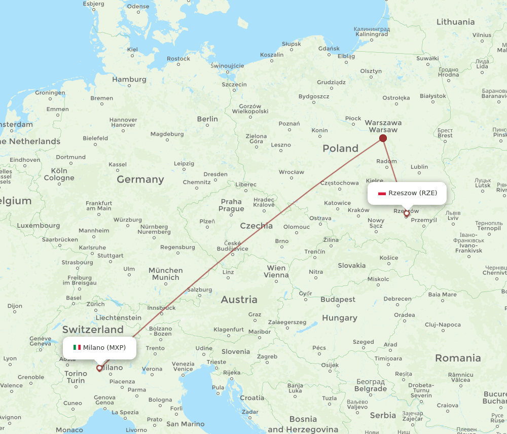 RZE to MXP flights and routes map