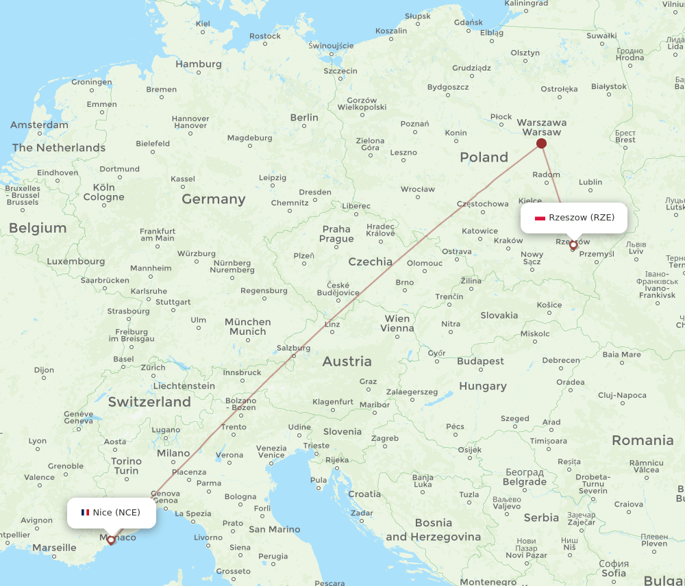 RZE to NCE flights and routes map