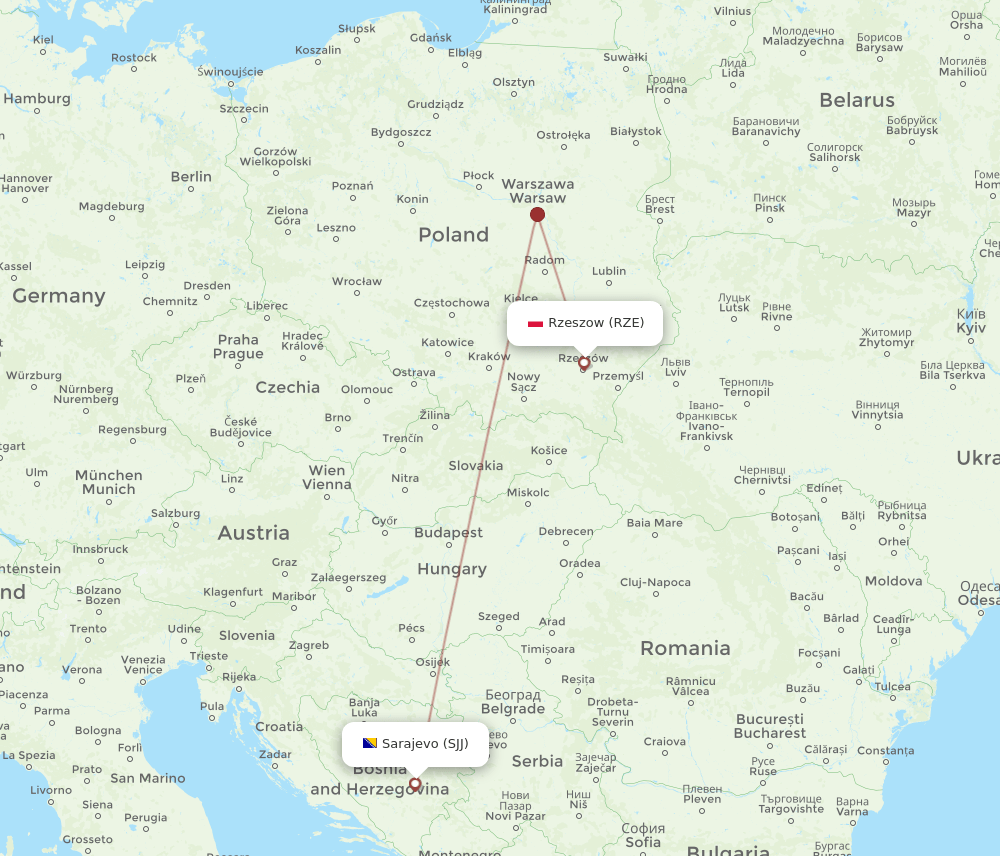 RZE to SJJ flights and routes map