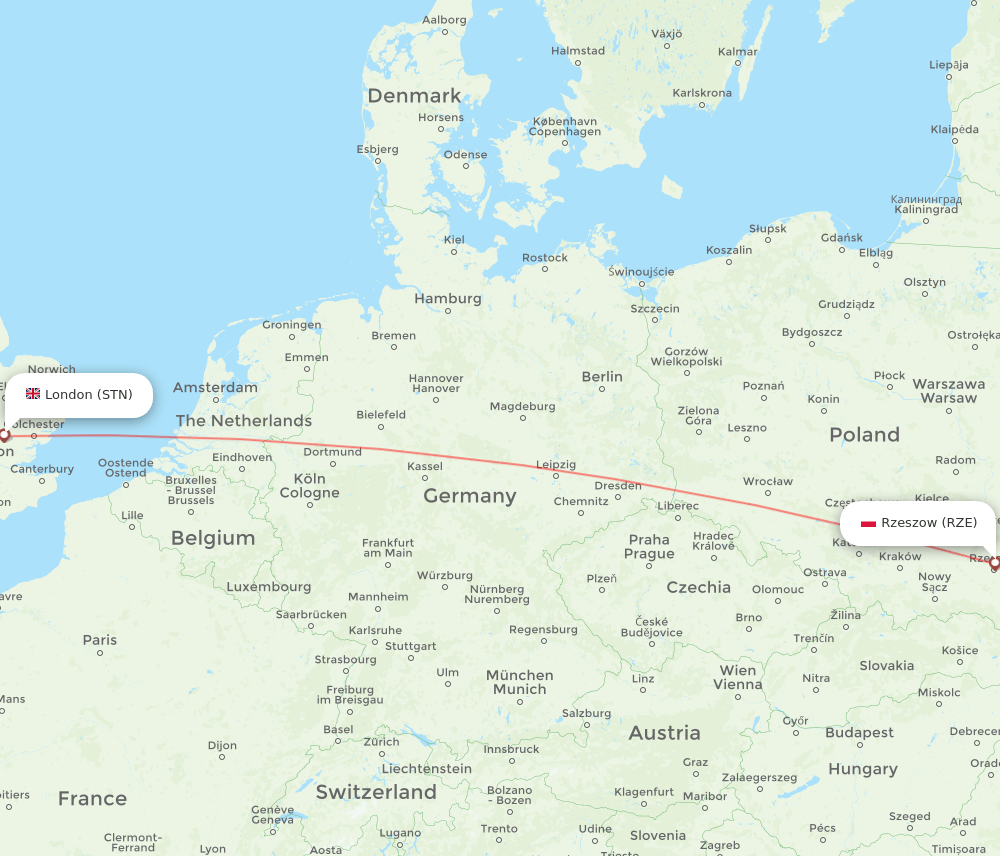 RZE to STN flights and routes map