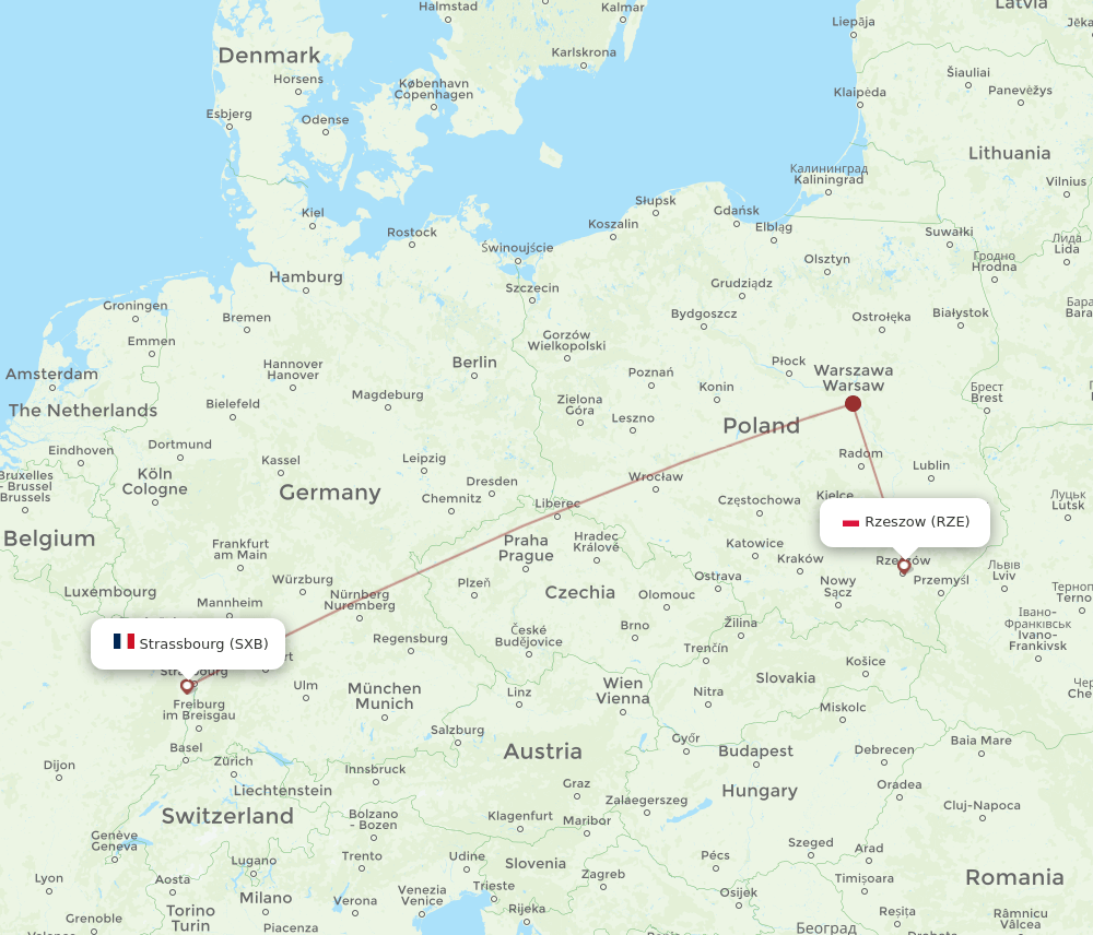 Strasbourg - Rzeszow route map and flight paths