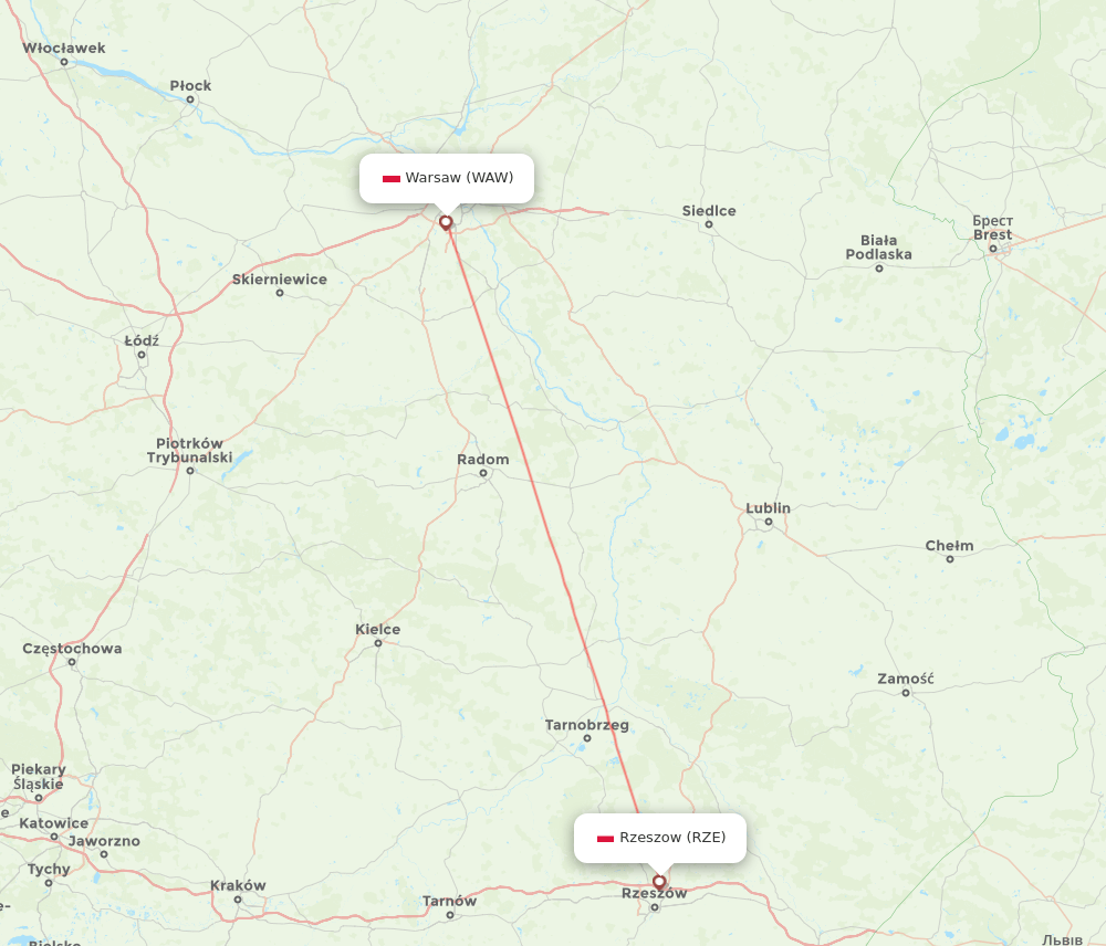 RZE to WAW flights and routes map