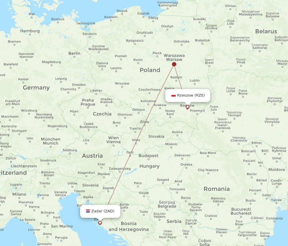 Zadar - Rzeszow route map and flight paths
