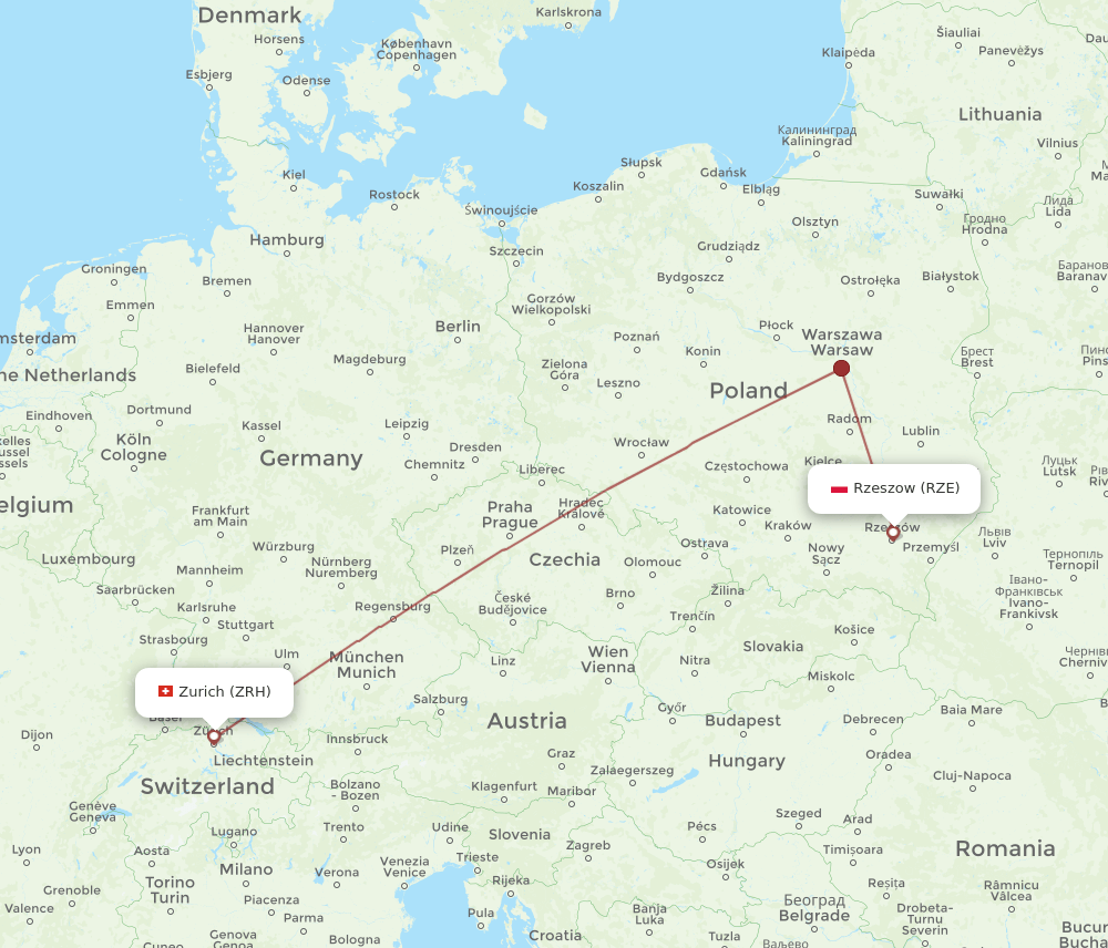 Zurich - Rzeszow route map and flight paths