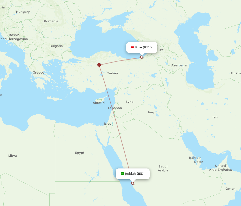 Jeddah - Rize route map and flight paths