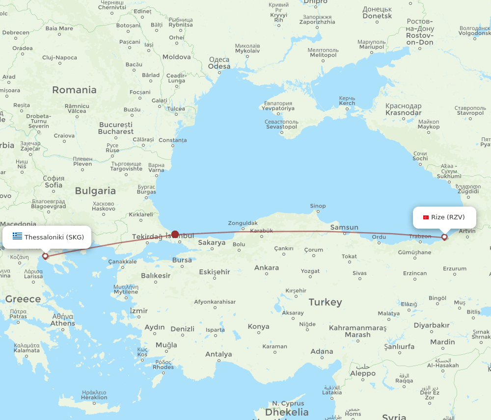Thessaloniki - Rize route map and flight paths