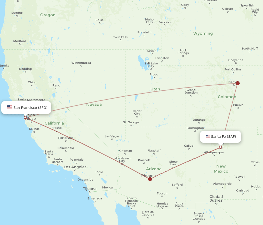 SAF to SFO flights and routes map