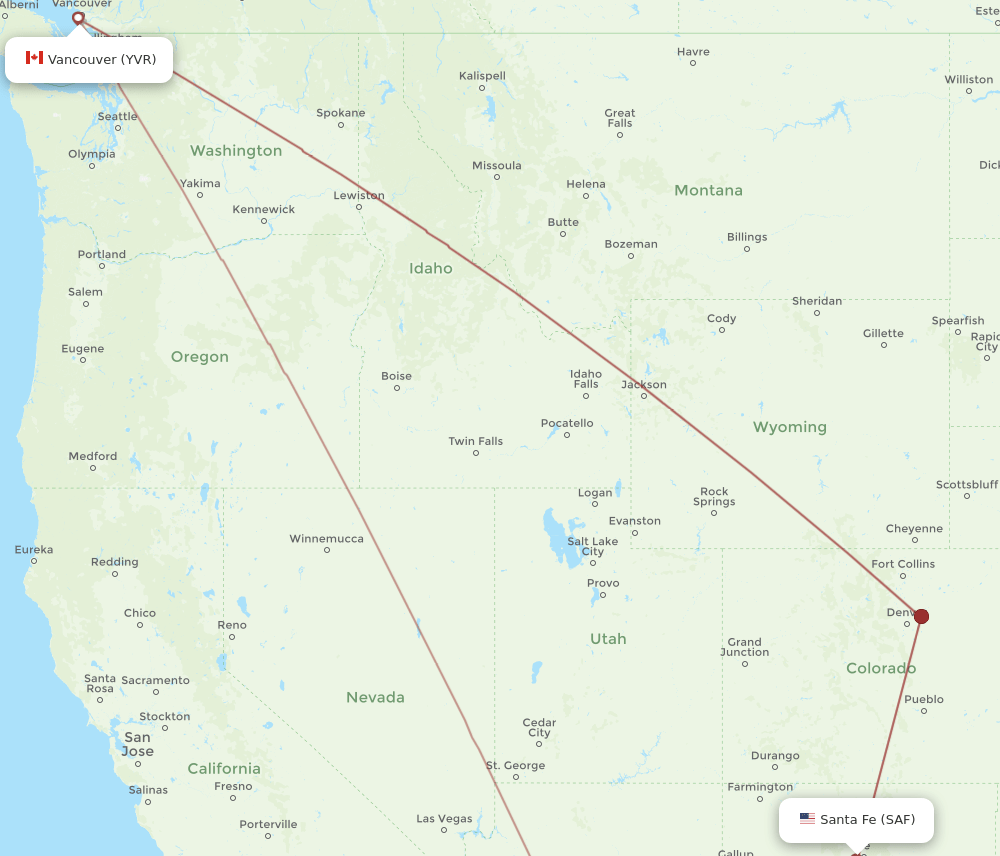 SAF to YVR flights and routes map