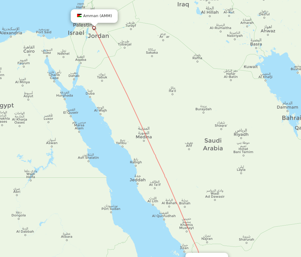 Sana'a - Amman route map and flight paths