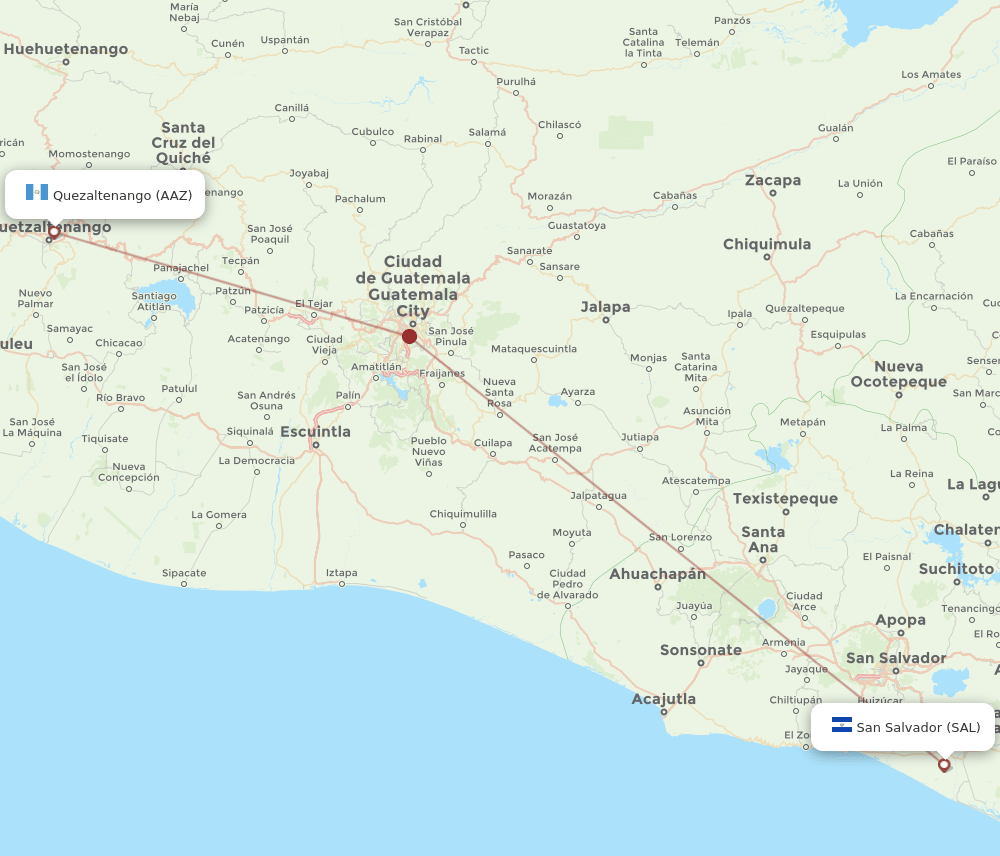San Salvador - Quetzaltenango route map and flight paths