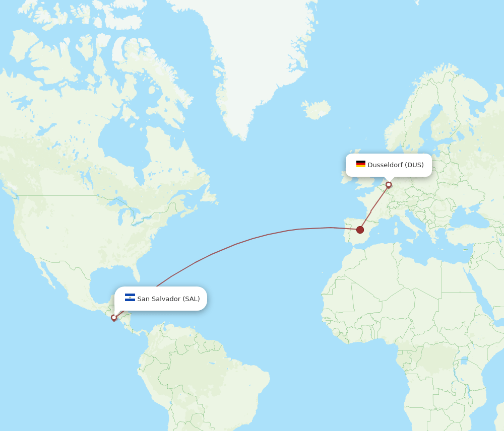 Dusseldorf - San Salvador route map and flight paths