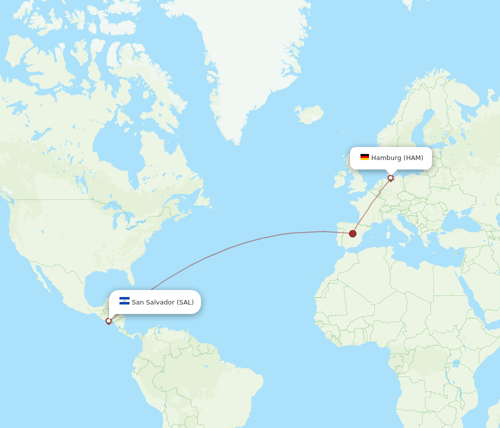 Hamburg - San Salvador route map and flight paths
