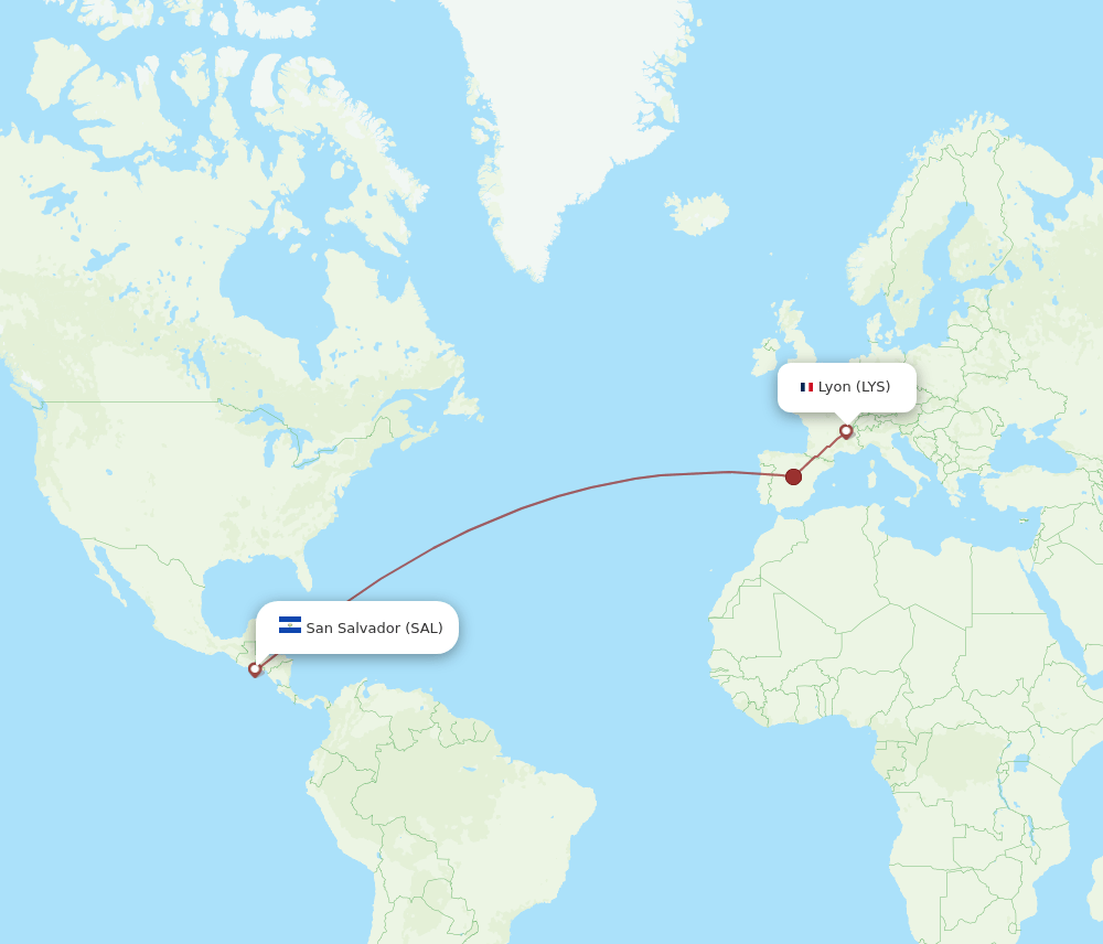 Lyon - San Salvador route map and flight paths