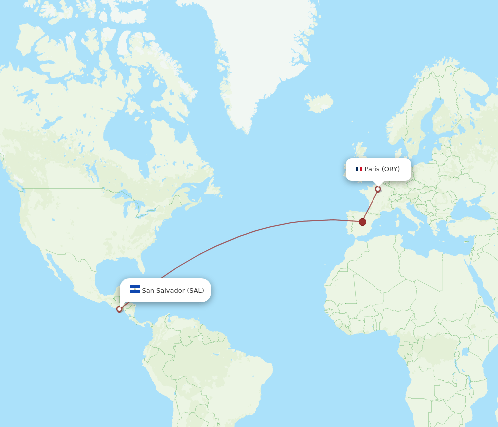 Paris - San Salvador route map and flight paths