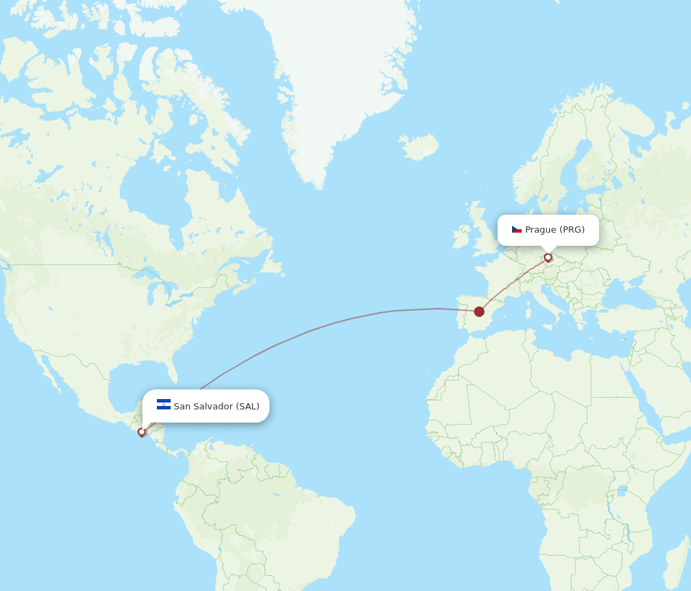 Prague - San Salvador route map and flight paths