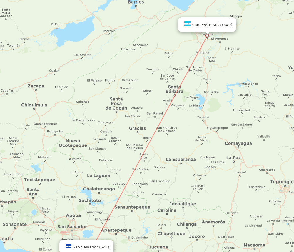San Salvador - San Pedro Sula route map and flight paths