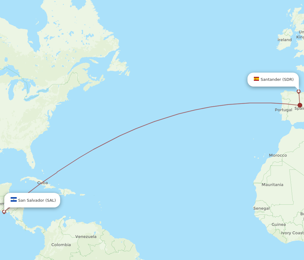 Santander - San Salvador route map and flight paths