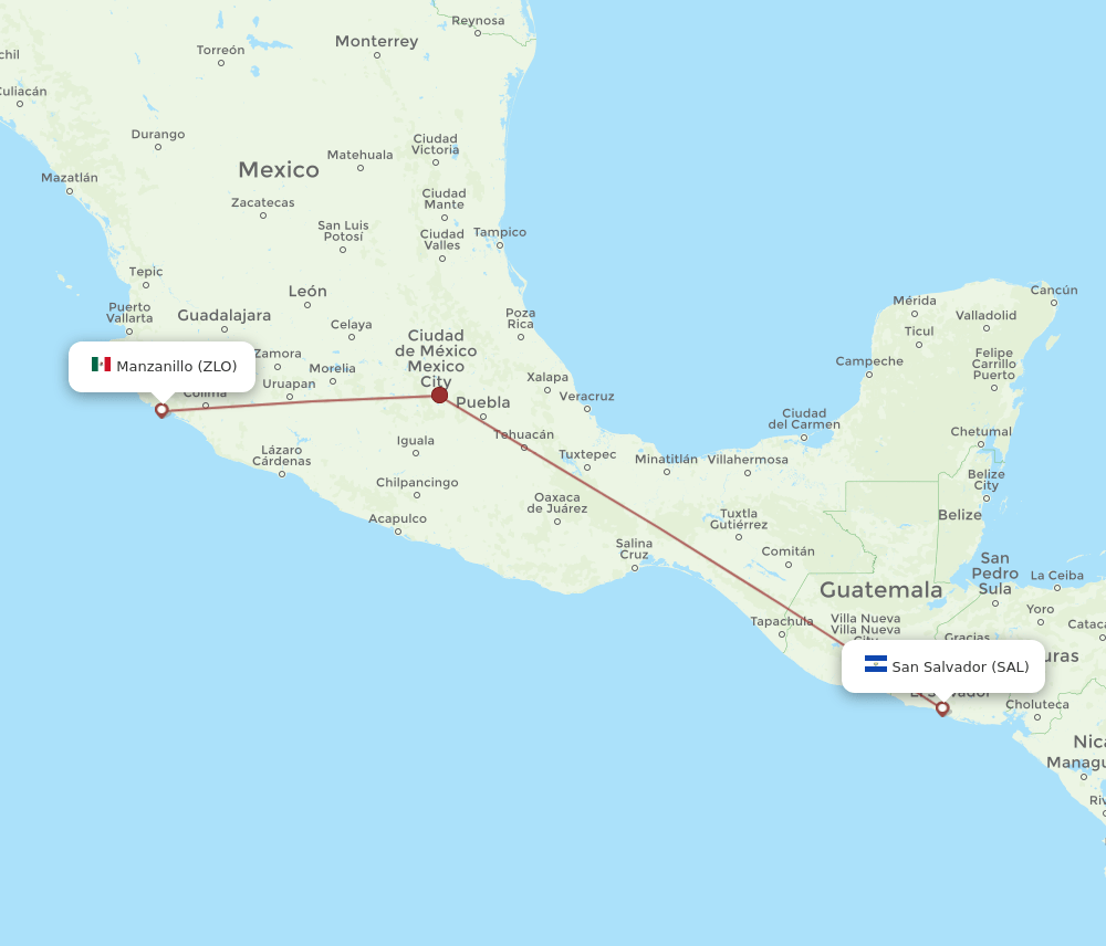 Manzanillo - San Salvador route map and flight paths