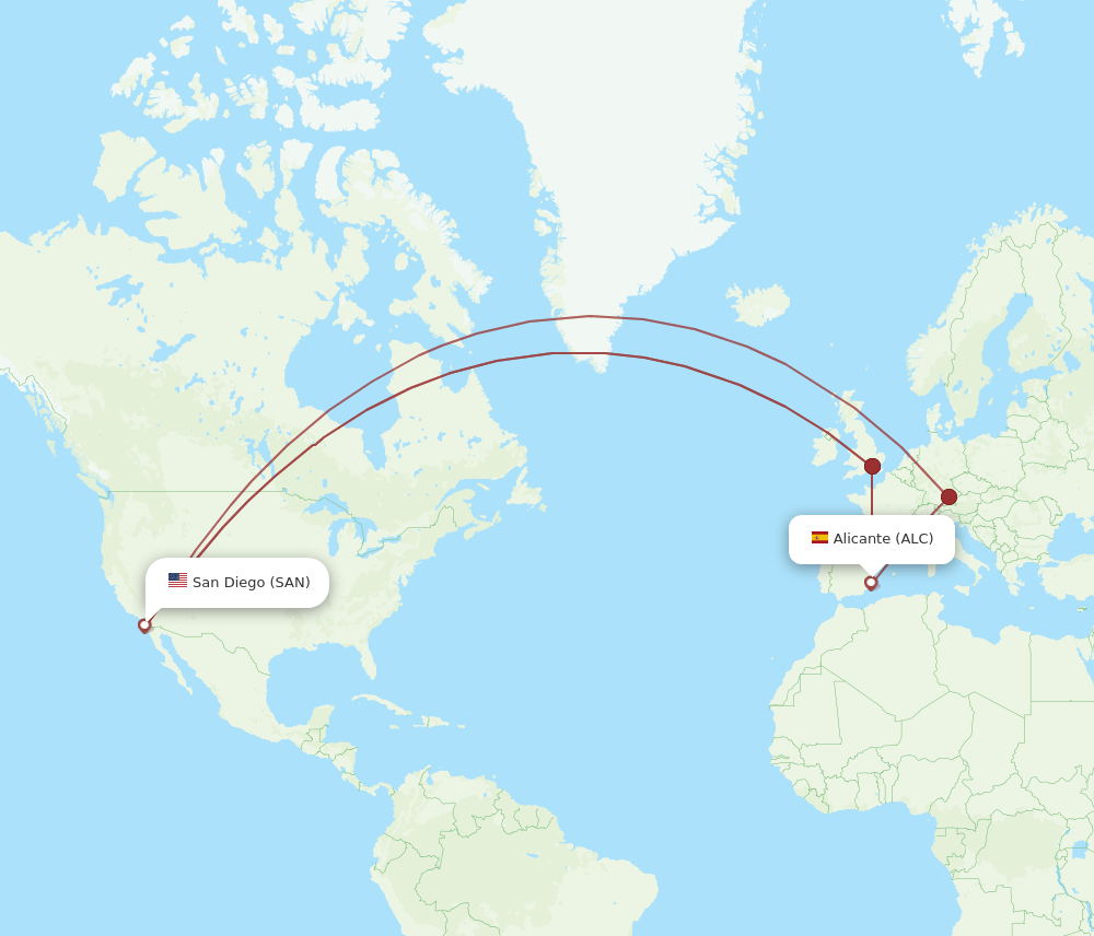 Alicante - San Diego route map and flight paths