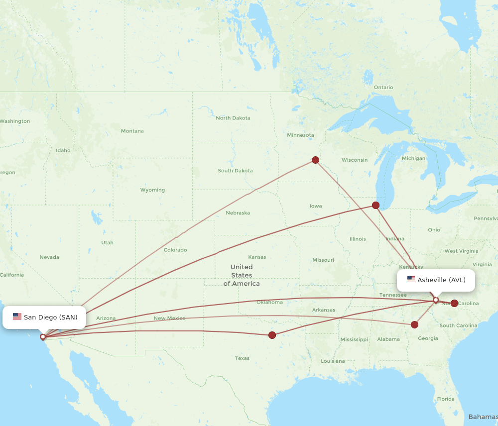 SAN to AVL flights and routes map