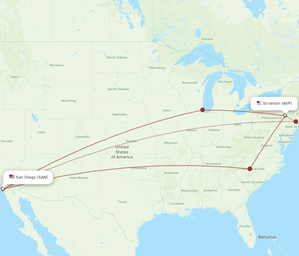 SAN to AVP flights and routes map