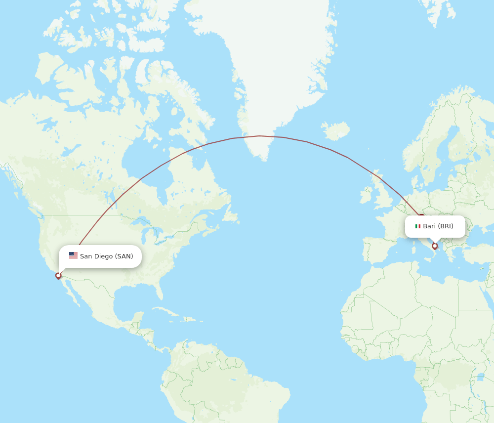 Bari - San Diego route map and flight paths